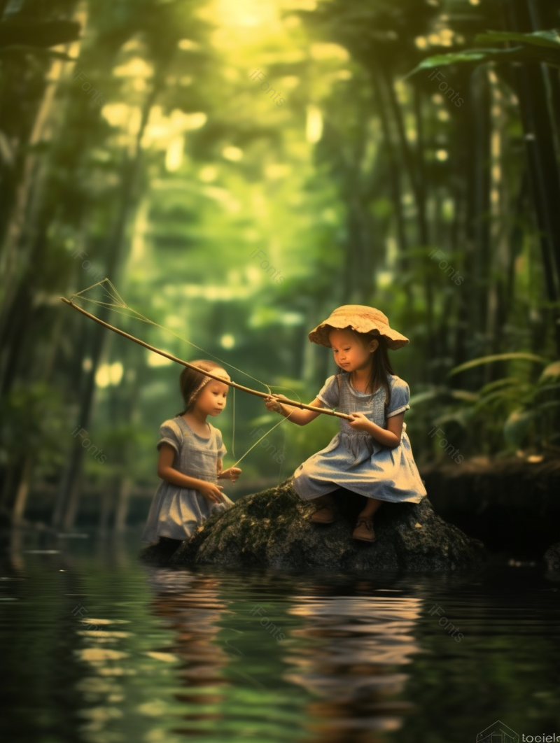 河面上钓鱼玩耍的女孩实拍摄影图,插画/手绘图,插画/手绘图库,插画/手绘图下载,插画/手绘